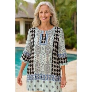 J Jill Top 1X Blue  Floral Blouse Long Sleeve Boho Cottagecore Caftan Top Shirt